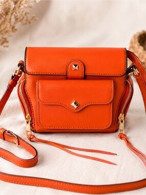 Rebecca Minkoff Mini MAB Side Zip Leather Crossbody Bag Orange Studded Pocket